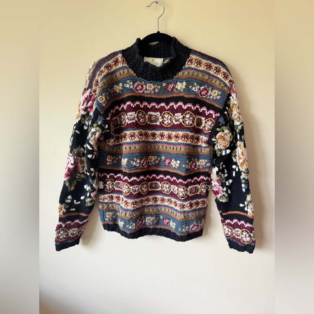 Vintage Hand Knit Floral Mock Turtleneck Sweater